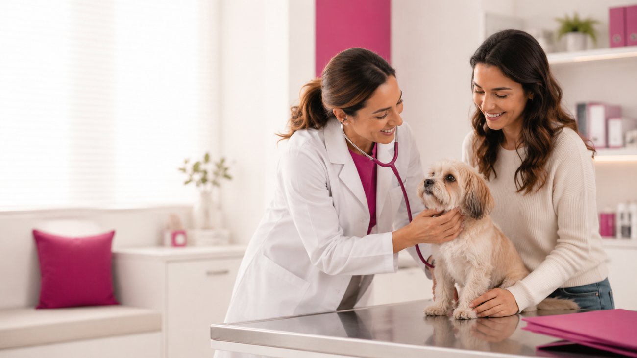 Veterinária examinando cão ao lado da tutora