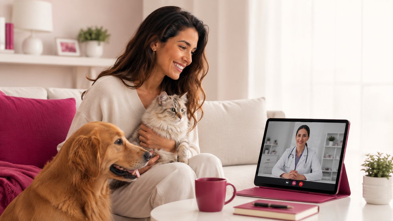 Tutora em teleconsulta com seu gato e cão ao lado