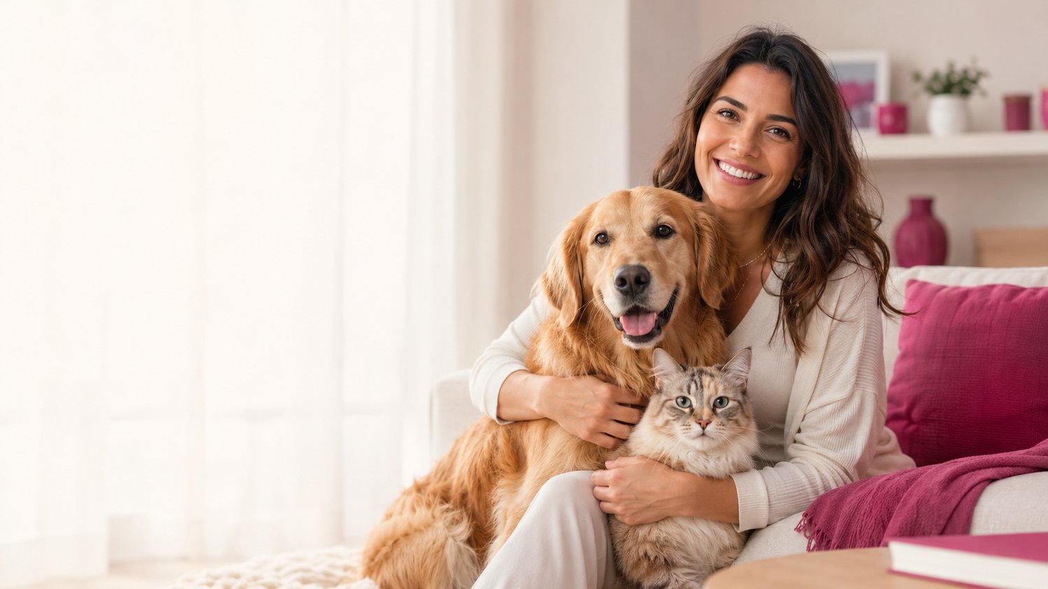 Tutora abraçando seu cão e gato