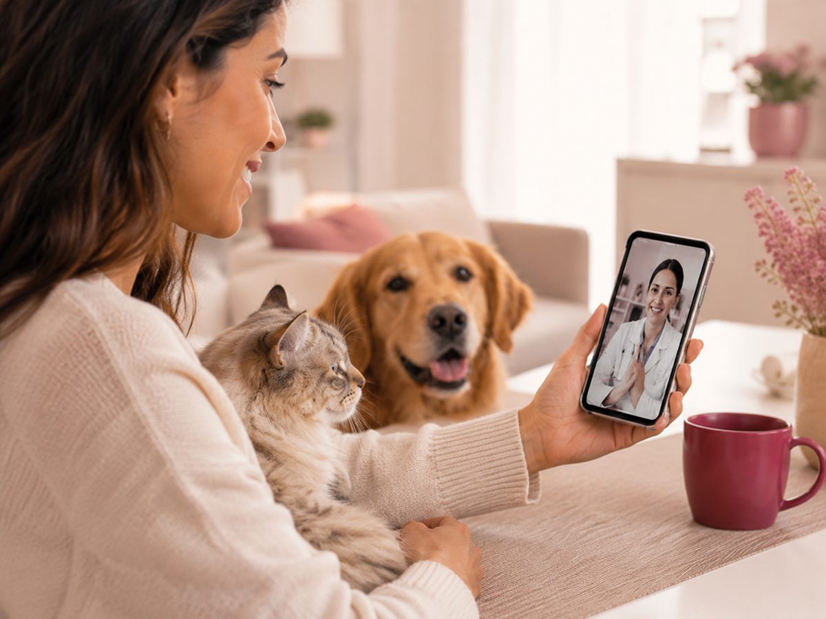 Tutora acompanha orientação de um profissional de saúde sobre o cuidado do seu pet, com cão e gato ao lado