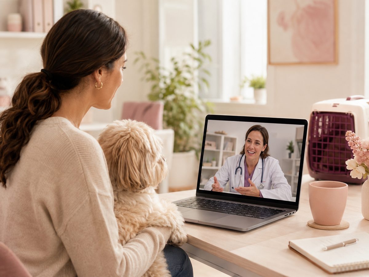 Tutora em teleconsulta com seu cão no colo