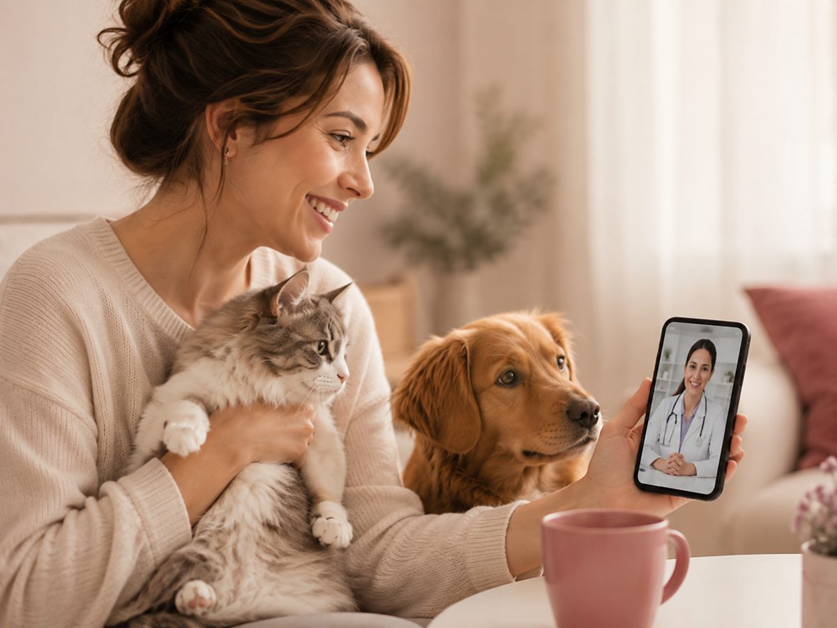 Tutora acompanha orientação especializada sobre a saúde do seu pet pelo celular, com cão e gato ao lado