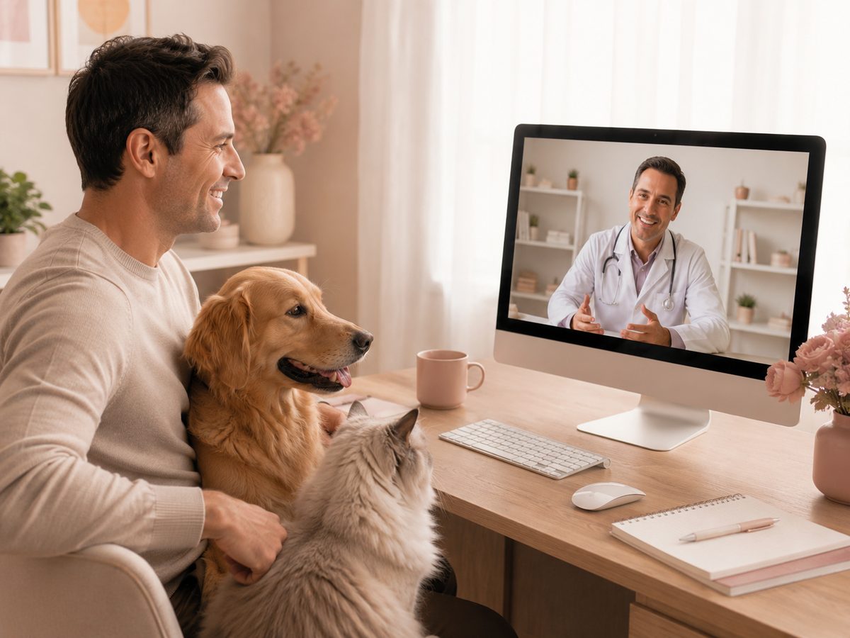 Tutor recebe orientação especializada sobre a saúde do seu pet por videochamada, com cão e gato ao lado