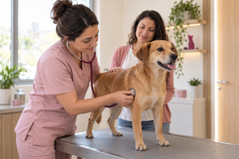 Veterinária realiza check-up em um cão caramelo com estetoscópio, acompanhado de sua tutora.