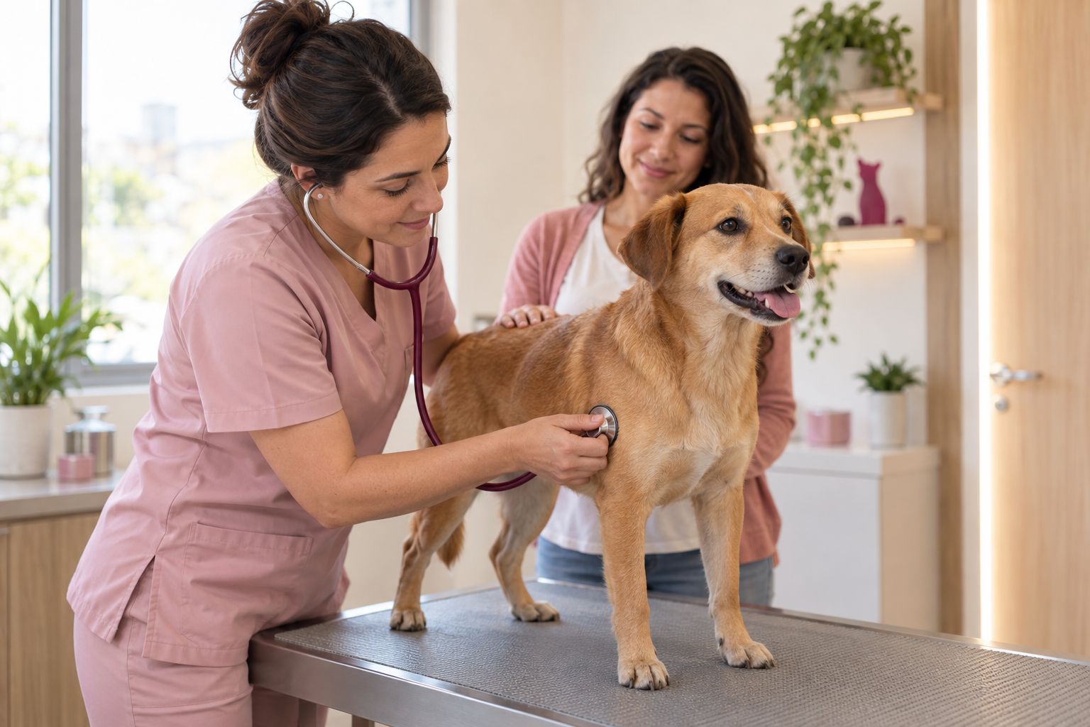 Veterinária realiza check-up em um cão caramelo com estetoscópio, acompanhado de sua tutora.