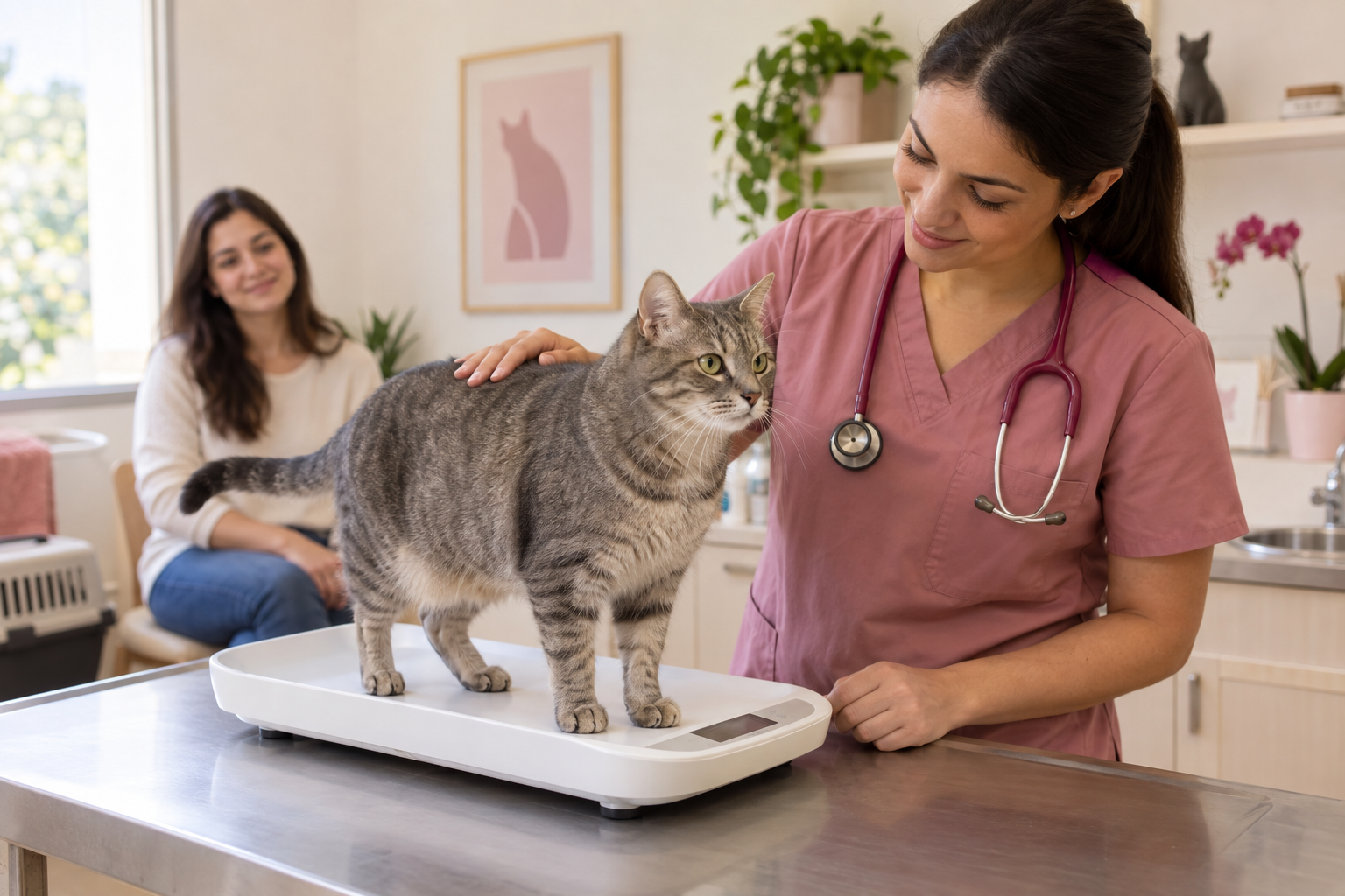 Gato cinza tigrado é pesado em uma balança durante avaliação veterinária, acompanhado pela tutora.