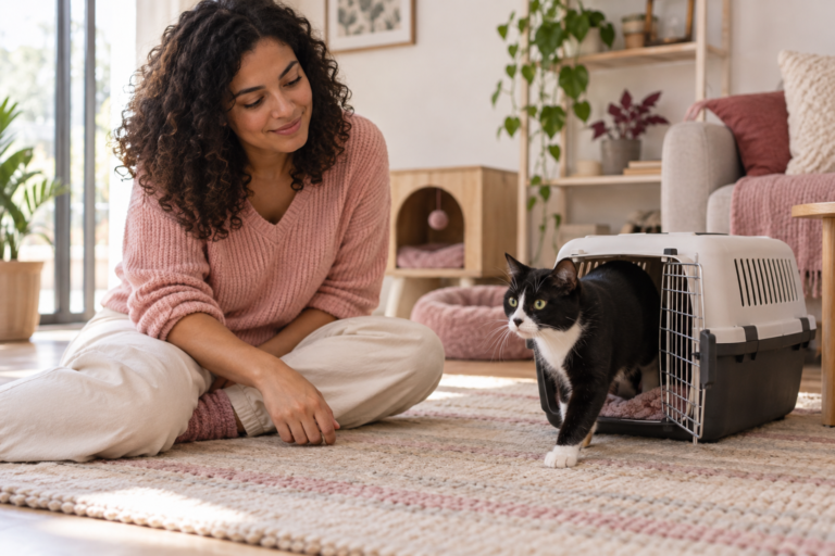 Tutora acompanha tranquilamente um gato preto e branco que sai de uma caixa de transporte aberta na nova casa.
