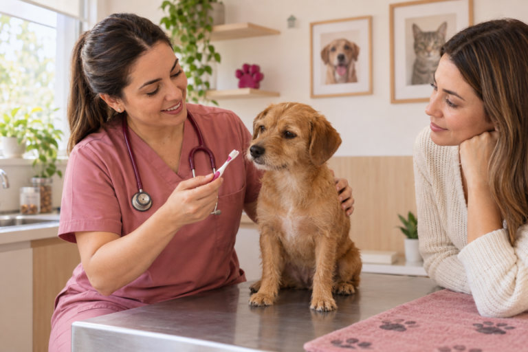 Veterinária orienta uma tutora sobre a higiene bucal de um cão e mostra uma escova de dentes para pets.