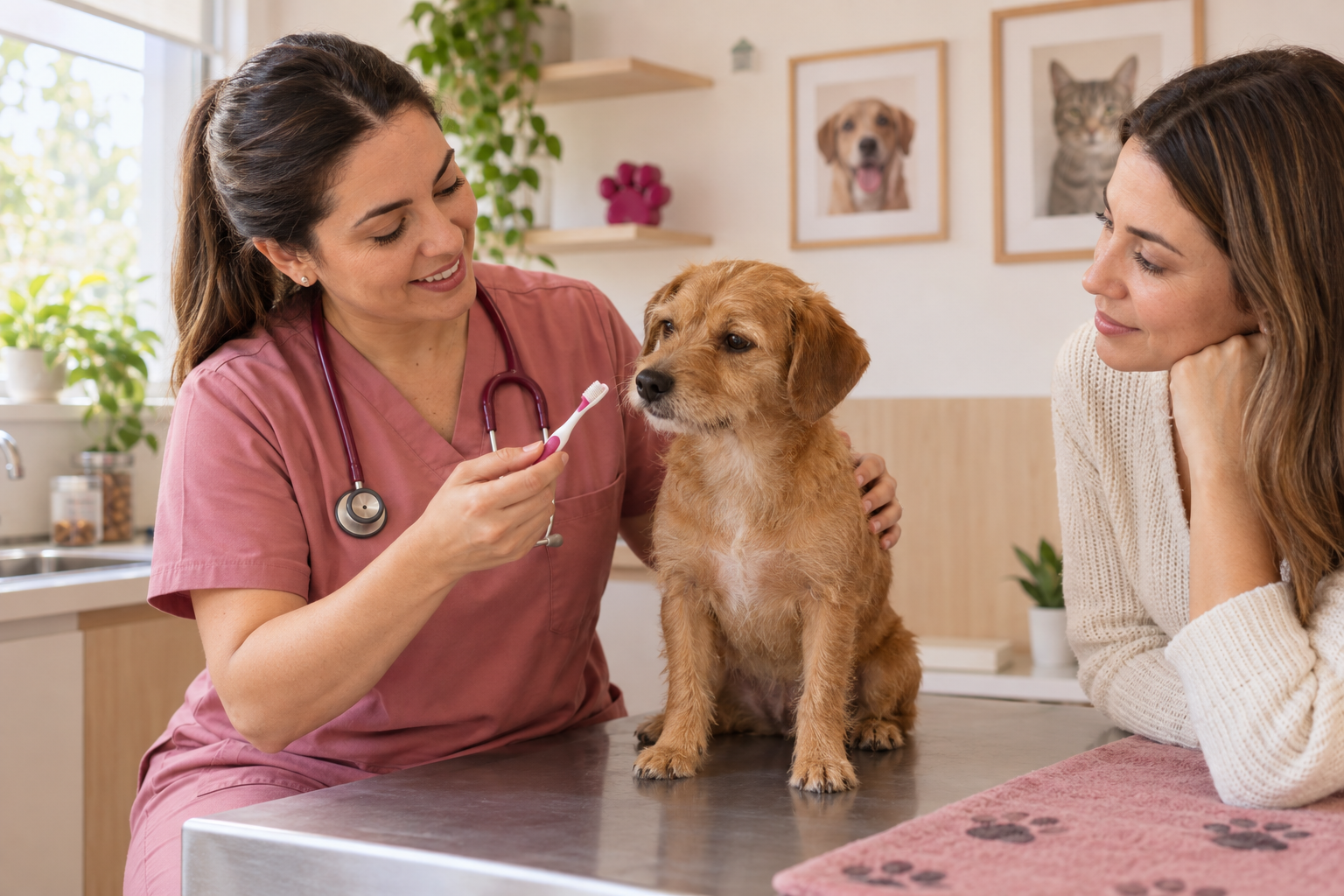 Veterinária orienta uma tutora sobre a higiene bucal de um cão e mostra uma escova de dentes para pets.